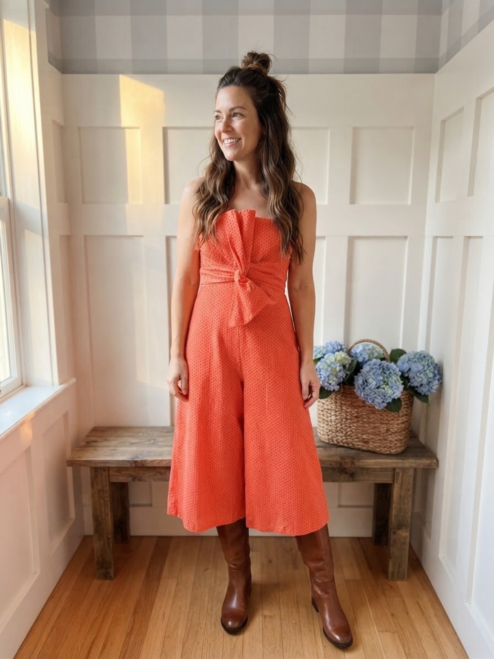 Anthropologie Coral Strapless Knot-Front Wide-Leg Jumpsuit 8